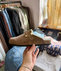 Bria Taupe Suede Buckle Clog with Faux Fur Lining