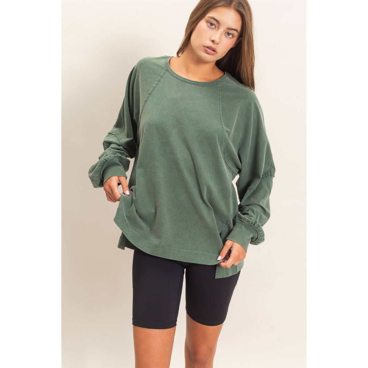 Weekend Ease Snow Wash Raglan Top: Dark Green