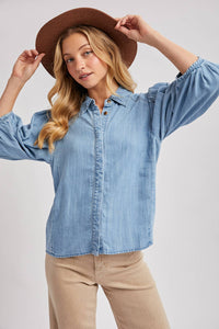 Elowen Denim Balloon Sleeve Button-Up Top