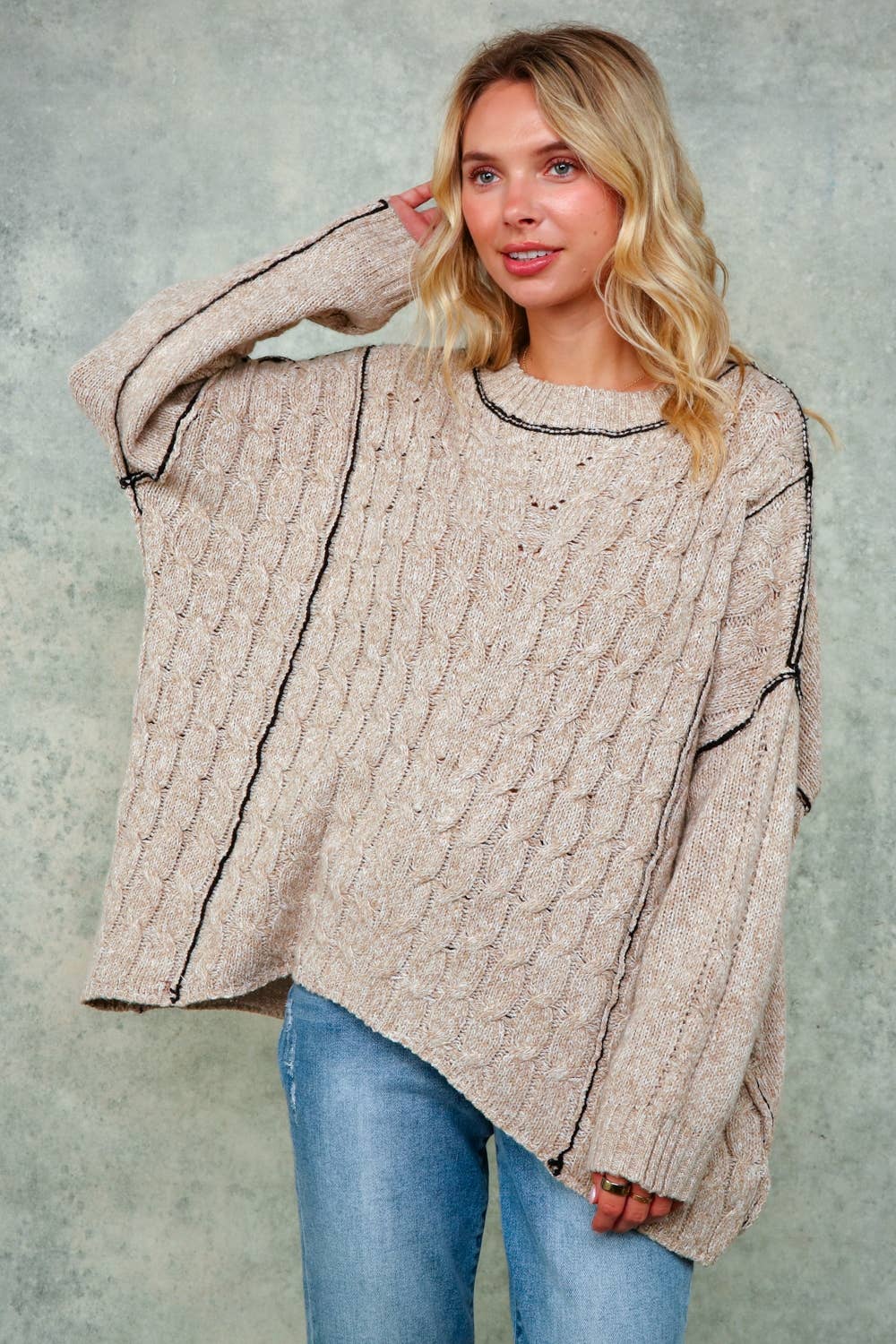 Lanie Color-Stitch Cable Knit Sweater – Oversized Round Neck Pullover | Northern Belle Boutique