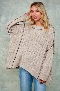 Lanie Color-Stitch Cable Knit Sweater – Oversized Round Neck Pullover | Northern Belle Boutique