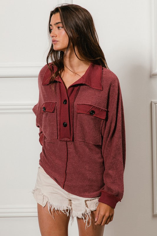 Lottie Button Detail Pullover: Marsala