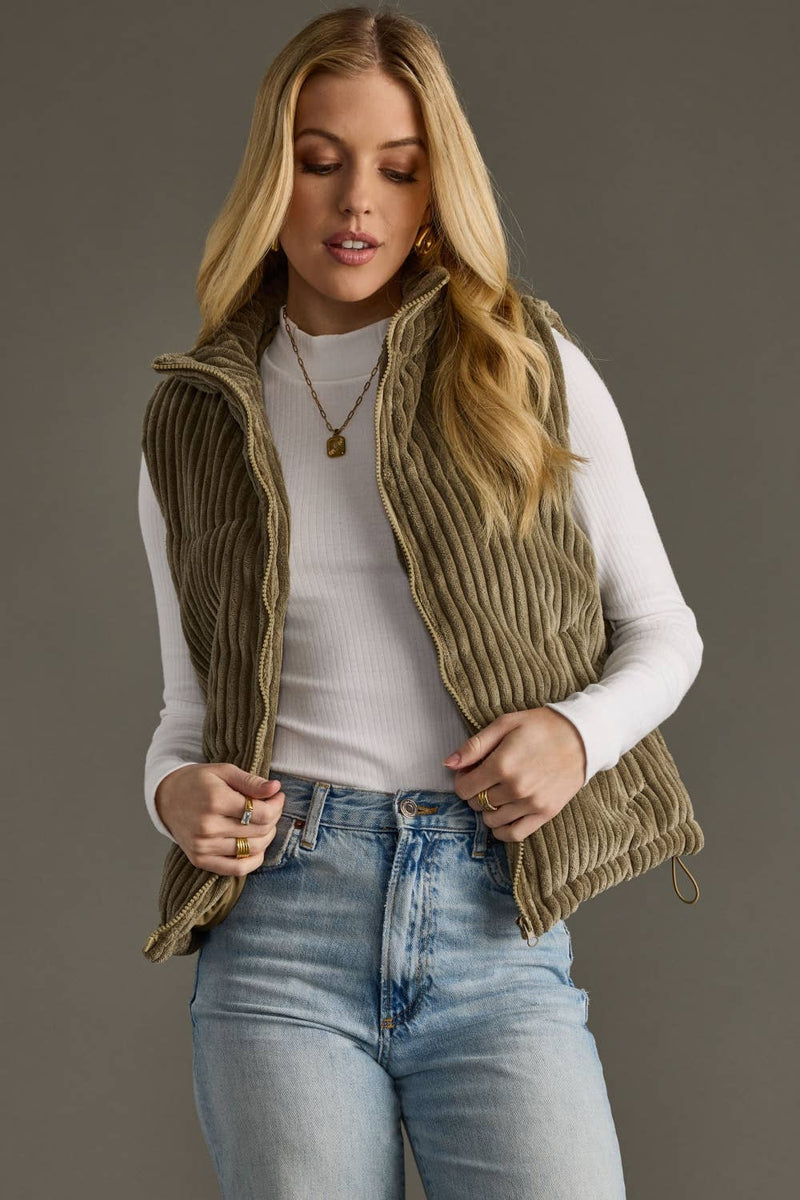 The Brynn Corduroy Puffer Vest – Olive Quilted Layer with Pockets