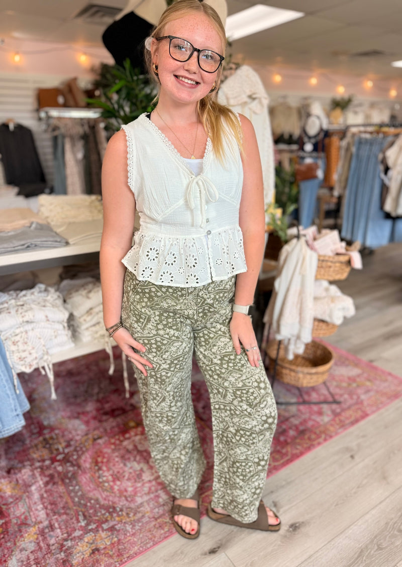 SUNFADED MARKET DAY  PAISLEY BARREL PANTS: ANTIQUE OLIVE