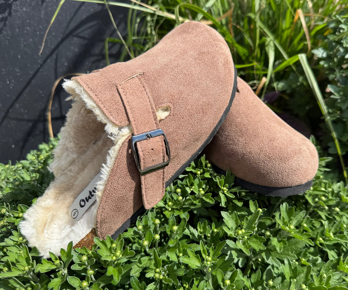 Bria Taupe Suede Buckle Clog with Faux Fur Lining