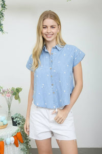 The Delaney Floral Denim Blouse: Chambray