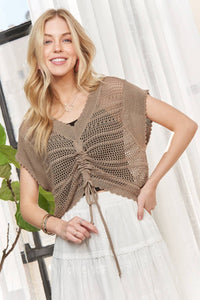 CET3337A - DRAWSTRING CROCHET TOP: OLIVE / S-M-L(2-2-2)