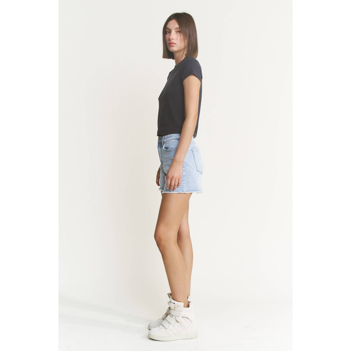 Mica Denim "City Blue" High Rise Denim Shorts: Light Wash- Frayed Hem | Comfort Stretch