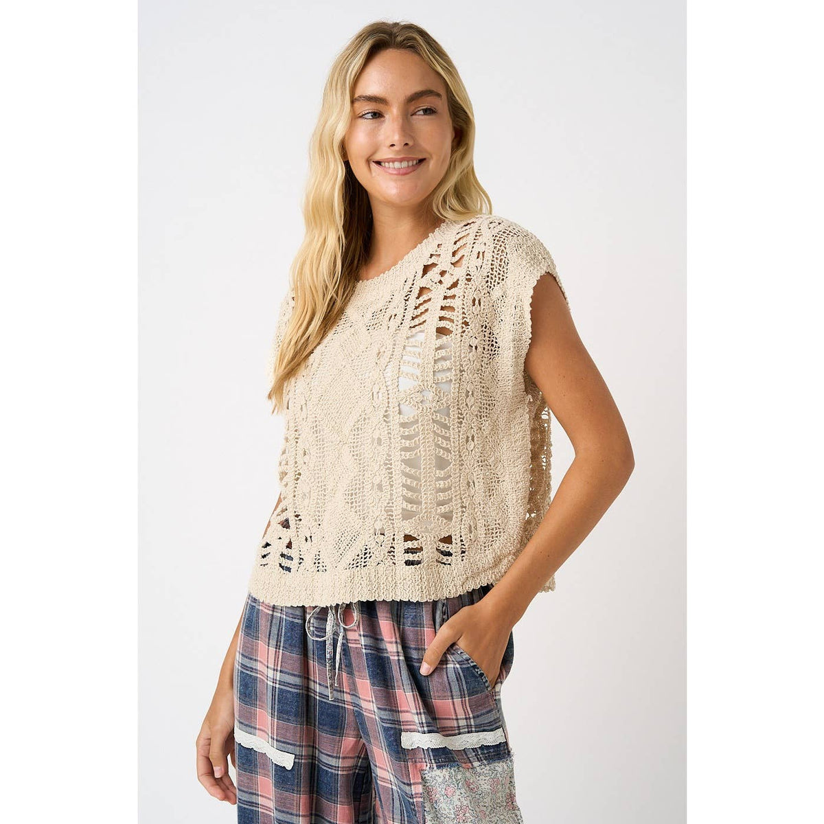 Open Skies Crochet Sweater Top: Natural