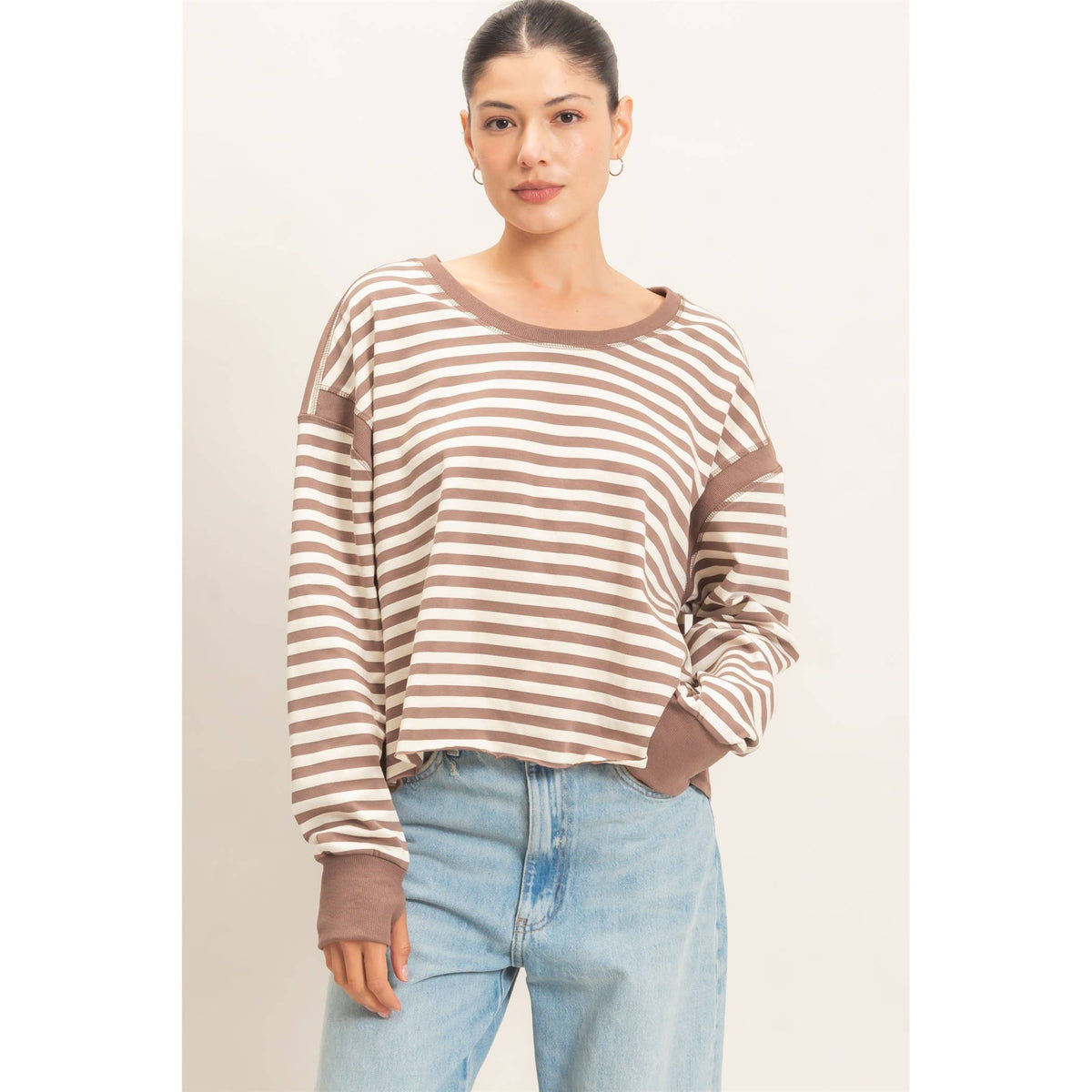 Striped Long Sleeve Top: MOCHA / S-M-L(2-2-2)