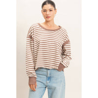 Striped Long Sleeve Top: MOCHA / S-M-L(2-2-2)