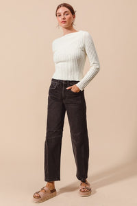 Emery Barrel Leg Jeans – Mid Rise Black Denim with Side Panel Detail