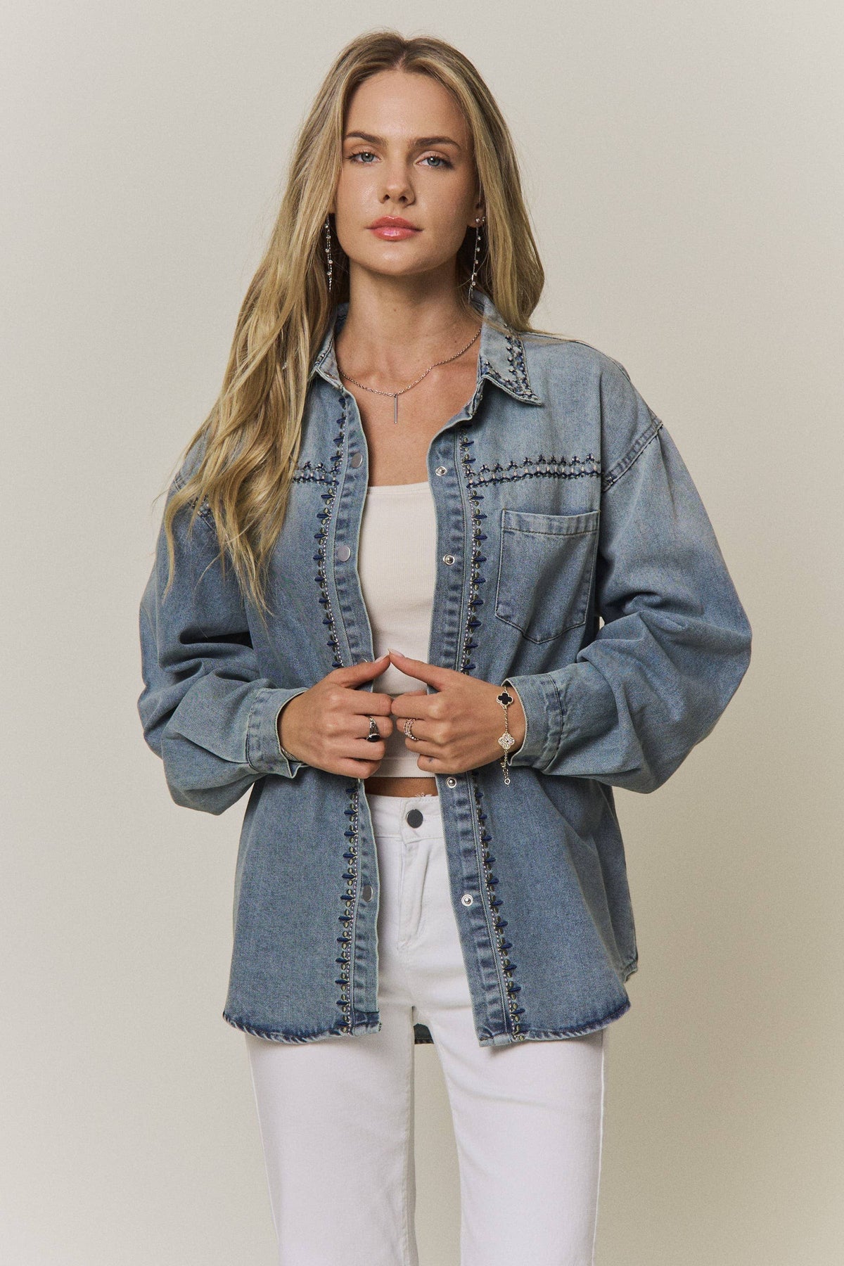 Maren Embroidered Denim Button-Up Shacket: Medium Wash