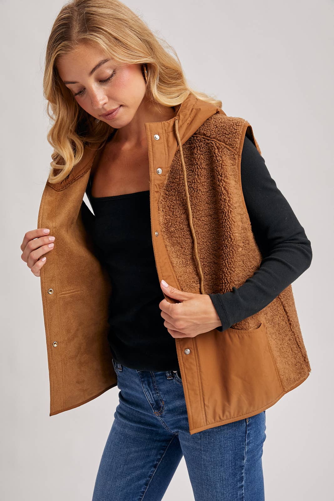 Timberline Teddy Hooded Vest – Mixed Media Sherpa Layering Piece | Northern Belle Boutique