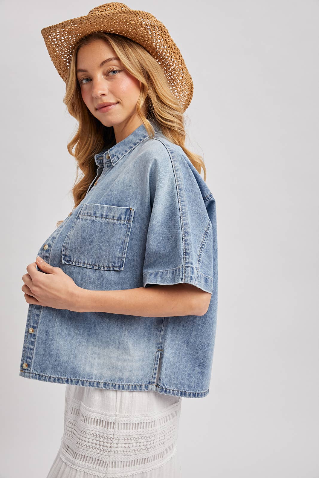 Della Denim Short Sleeve Boxy Top: Light Wash