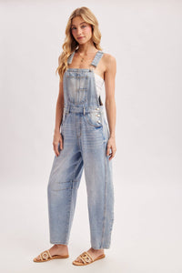 The Remi Barrel Leg Denim Overalls: Lt Wash  – Relaxed Wide Leg Casual Overalls