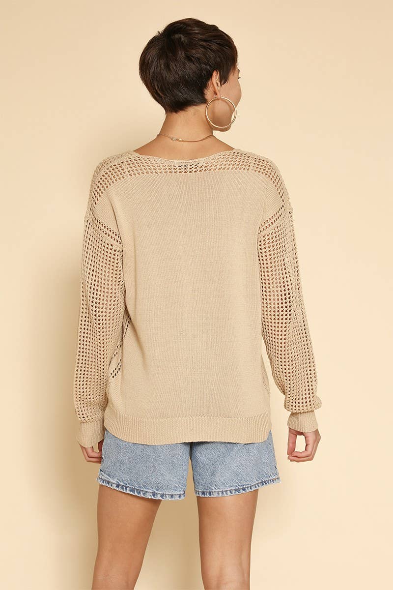 Rena Crochet Sleeve Casual Knit Long Sleeve Top: Sand