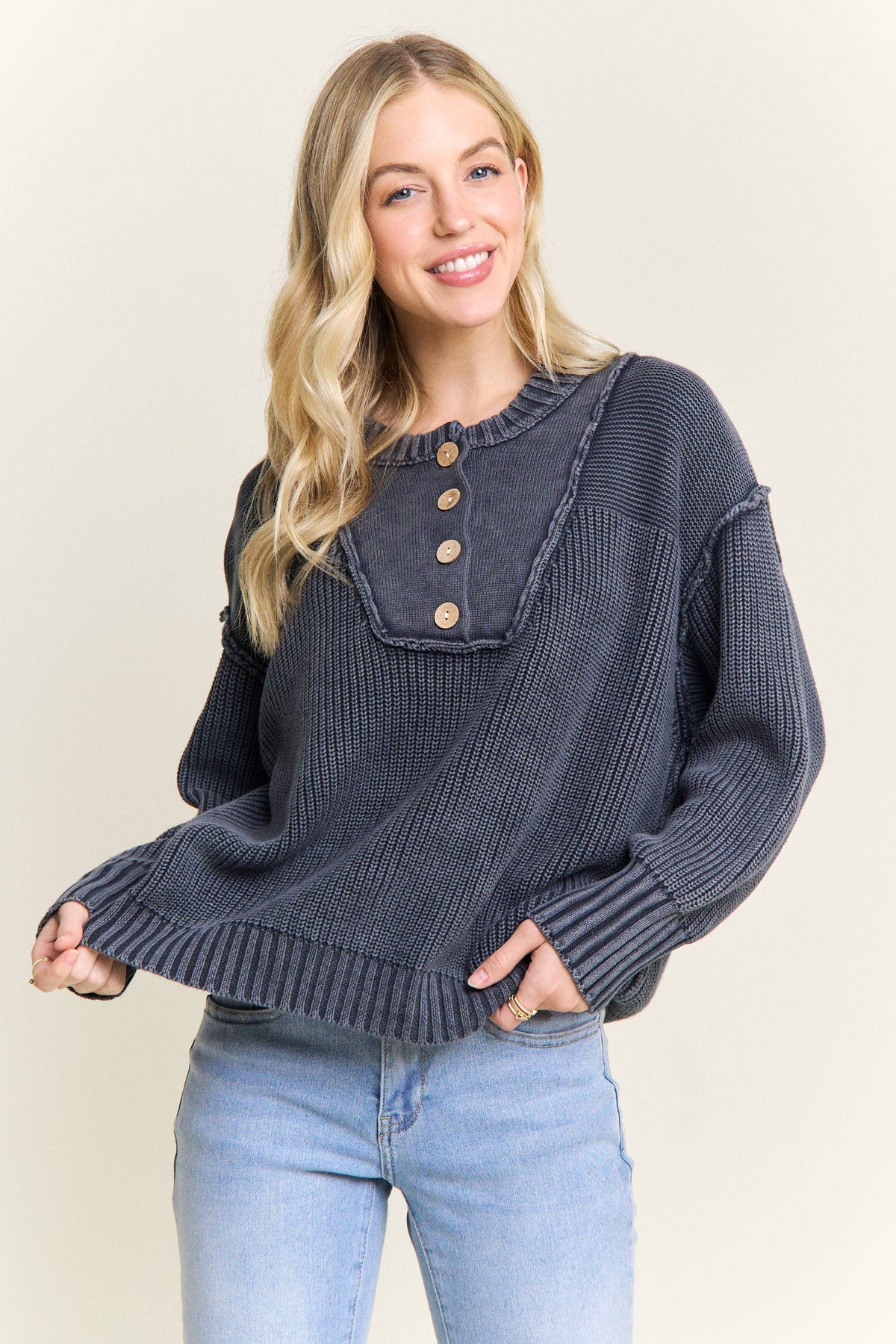 Worth a Look Cotton Henley Sweater: Navy