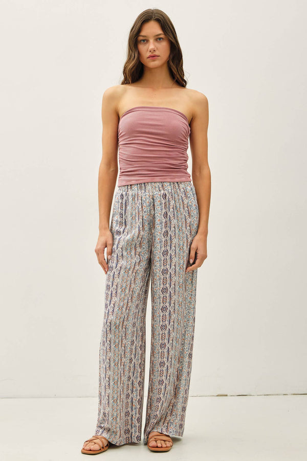 The Liora Boho Print Wide Leg Pants – Smocked Waist Breezy Relaxed Fit Pants