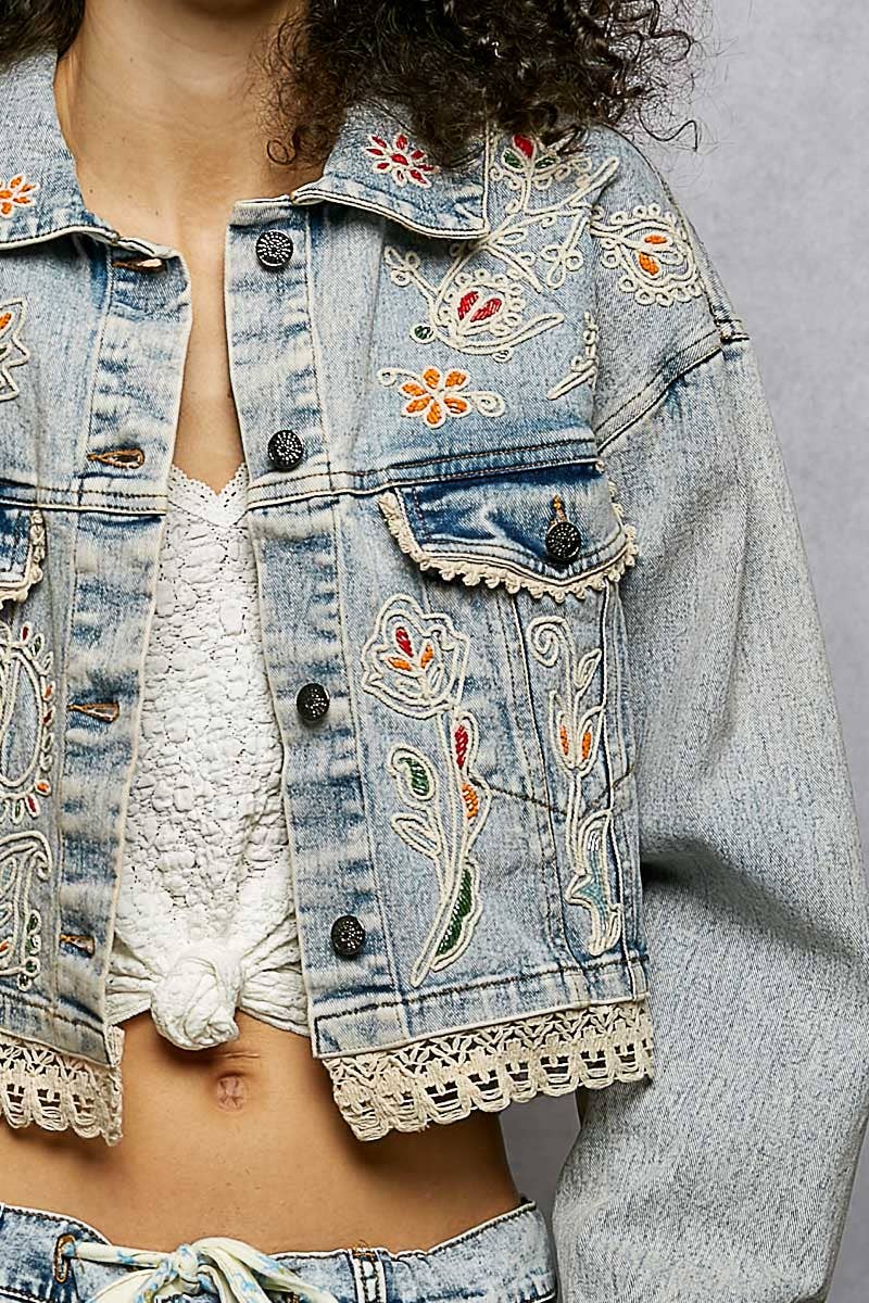 Magnolia Mae Embroidery Lace Trim Denim Jacket