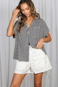 Collared Short Roll-Up Sleeve Button-Down Shirt VT83098: Brown / M