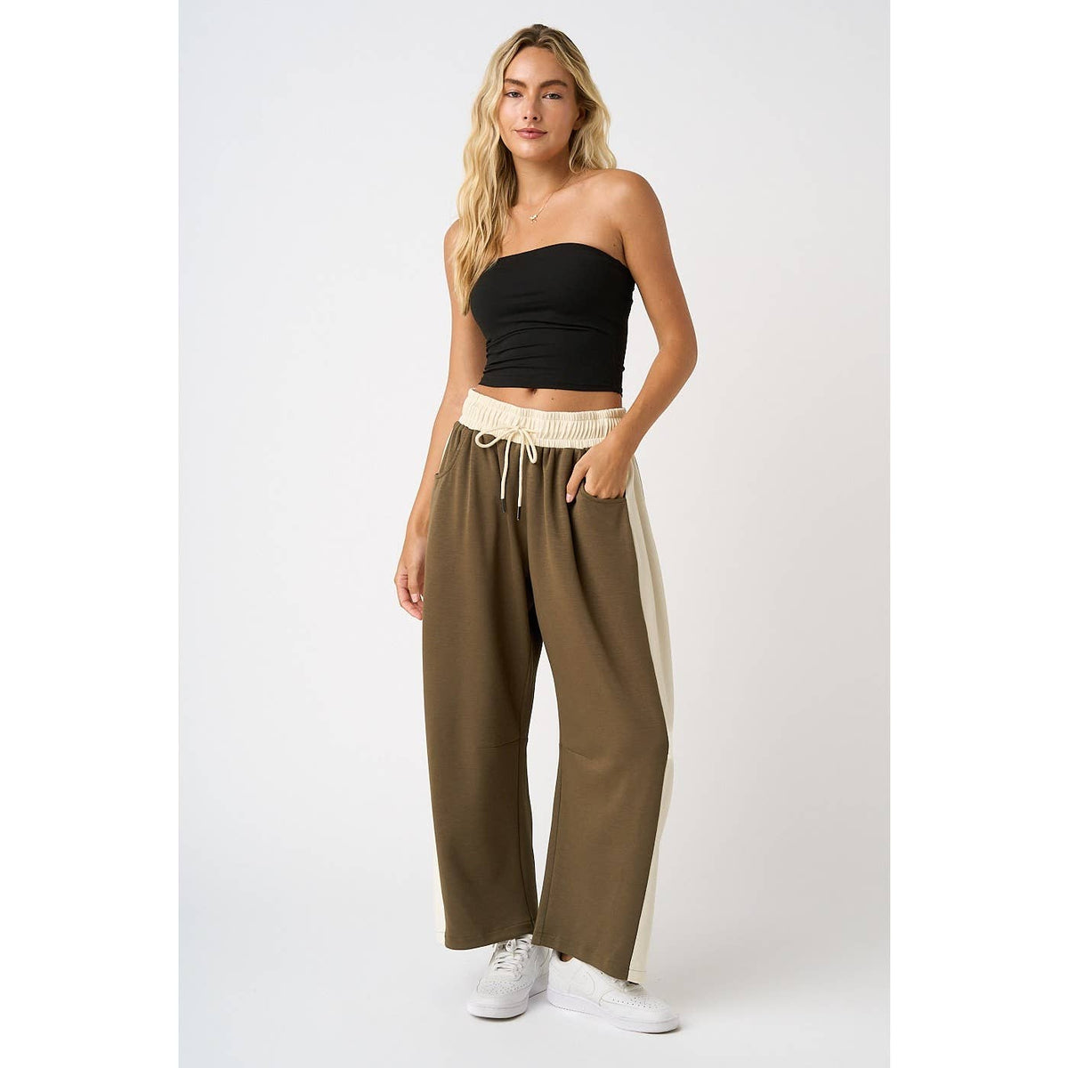 Olive Cloud Knit Contrast Stripe Barrel Pants: Olive/Ivory