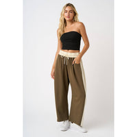 Olive Cloud Knit Contrast Stripe Barrel Pants: Olive/Ivory