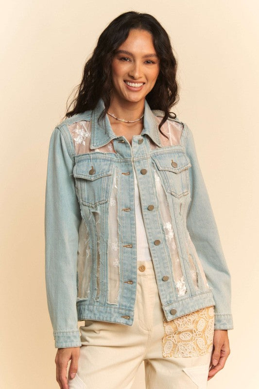 The Briar Lace Panel Denim Jacket – Floral Mesh Western Jean Jacket