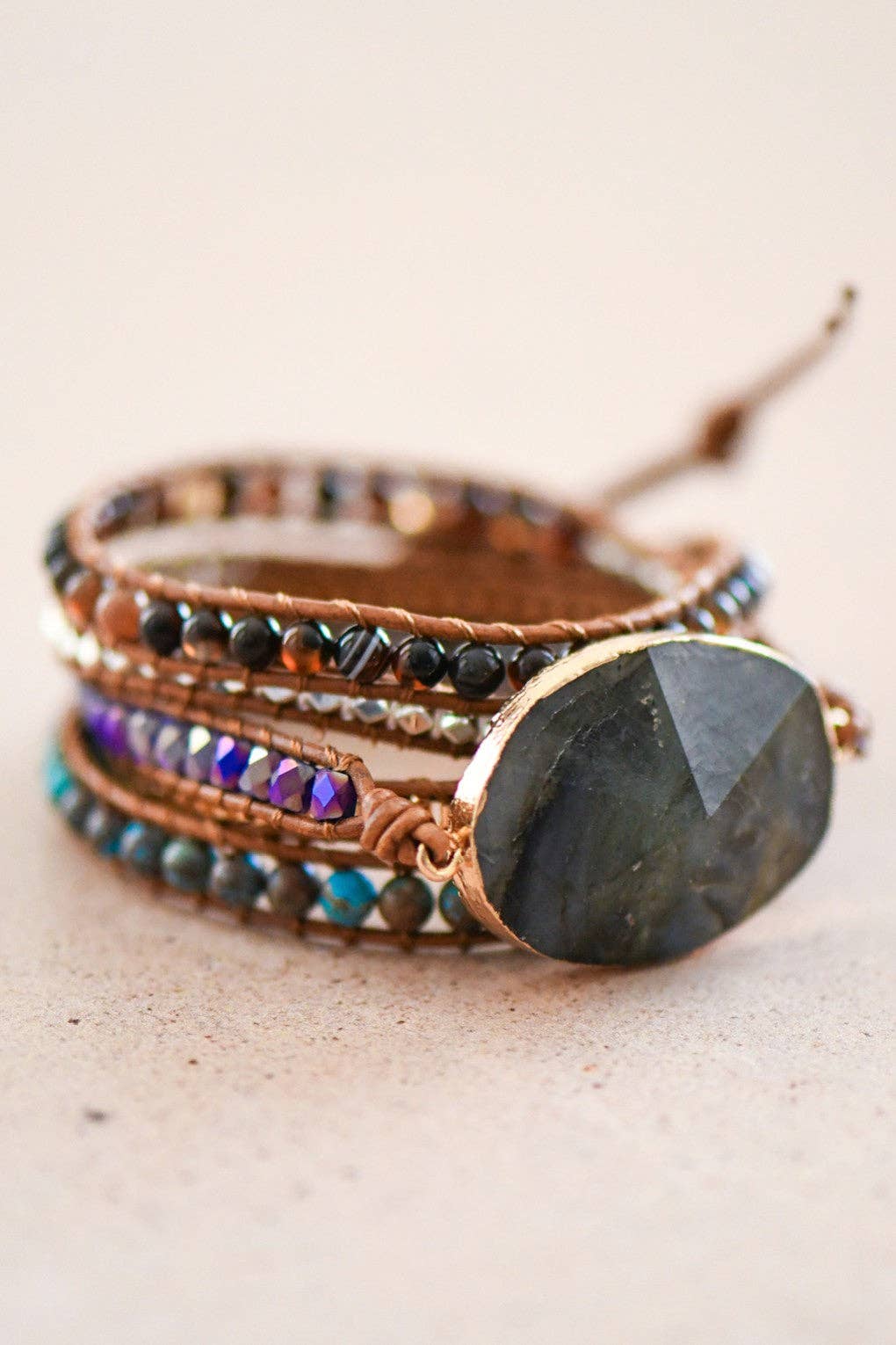 Leather Cord Wrap Bracelet, Healing Stone Bracelet