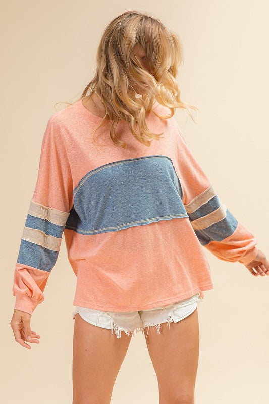 Andie Tri Blend Comfy Casual Top: Peachy/Blue