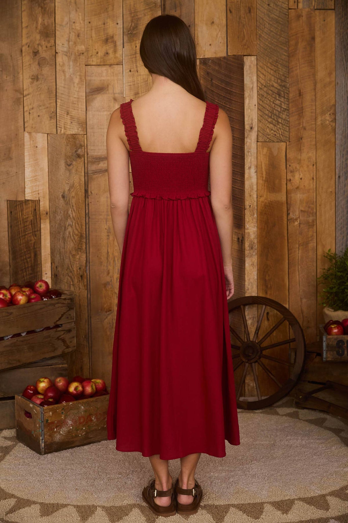 The Josette Smocked Midi Dress – Button-Front Sleeveless Dress in Apple Red
