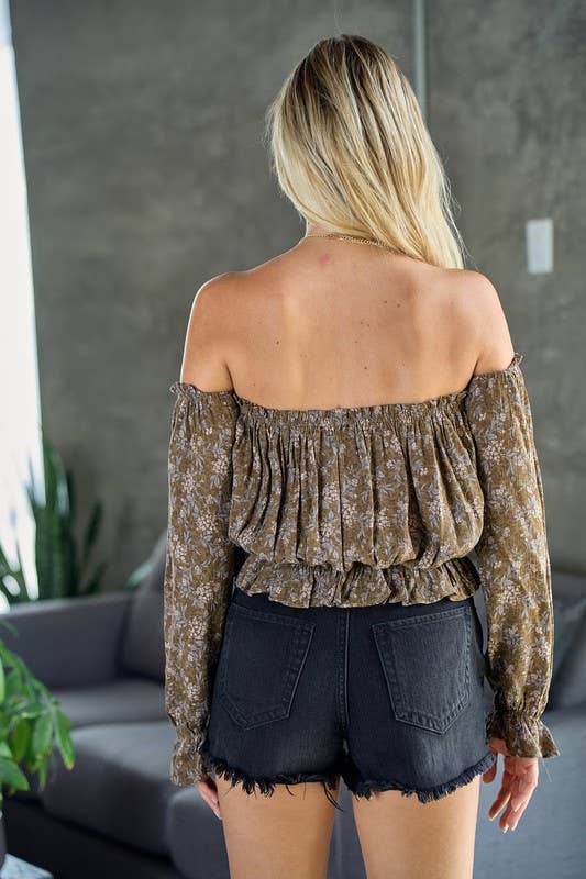 Autumn Breeze Off Shoulder Blouse: Olive/Multi