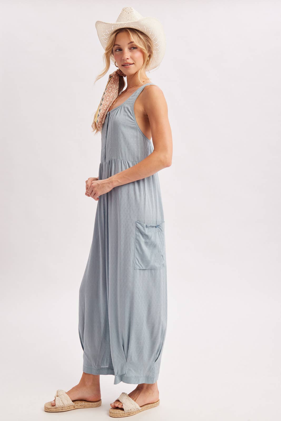 Easy Breeze Button Front Jumpsuit: Coastal Blue