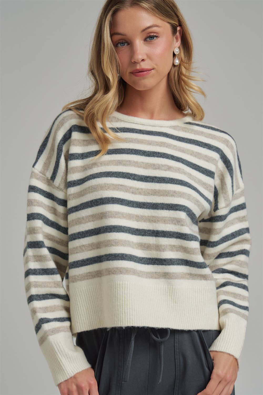 Keeping It Casual Stripe Sweater: Charcoal/ Oatmeal