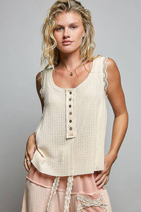 The Marlowe Lace Detail Tank Top: Vanilla – Button Front A-Line Sleeveless Knit Blouse