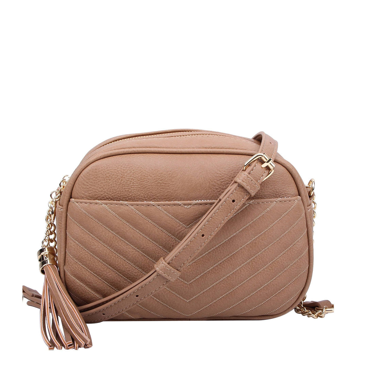Veronica V-Stitch Tassel Crossbody Bag – Coffee & Stone | Faux Leather Small Purse with Double Zipper Top, Adjustable Strap, Gold Hardware