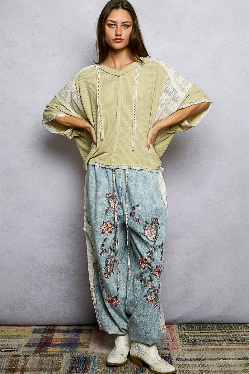 The Hadley Lace Trim Hoodie Top: Pale Sage