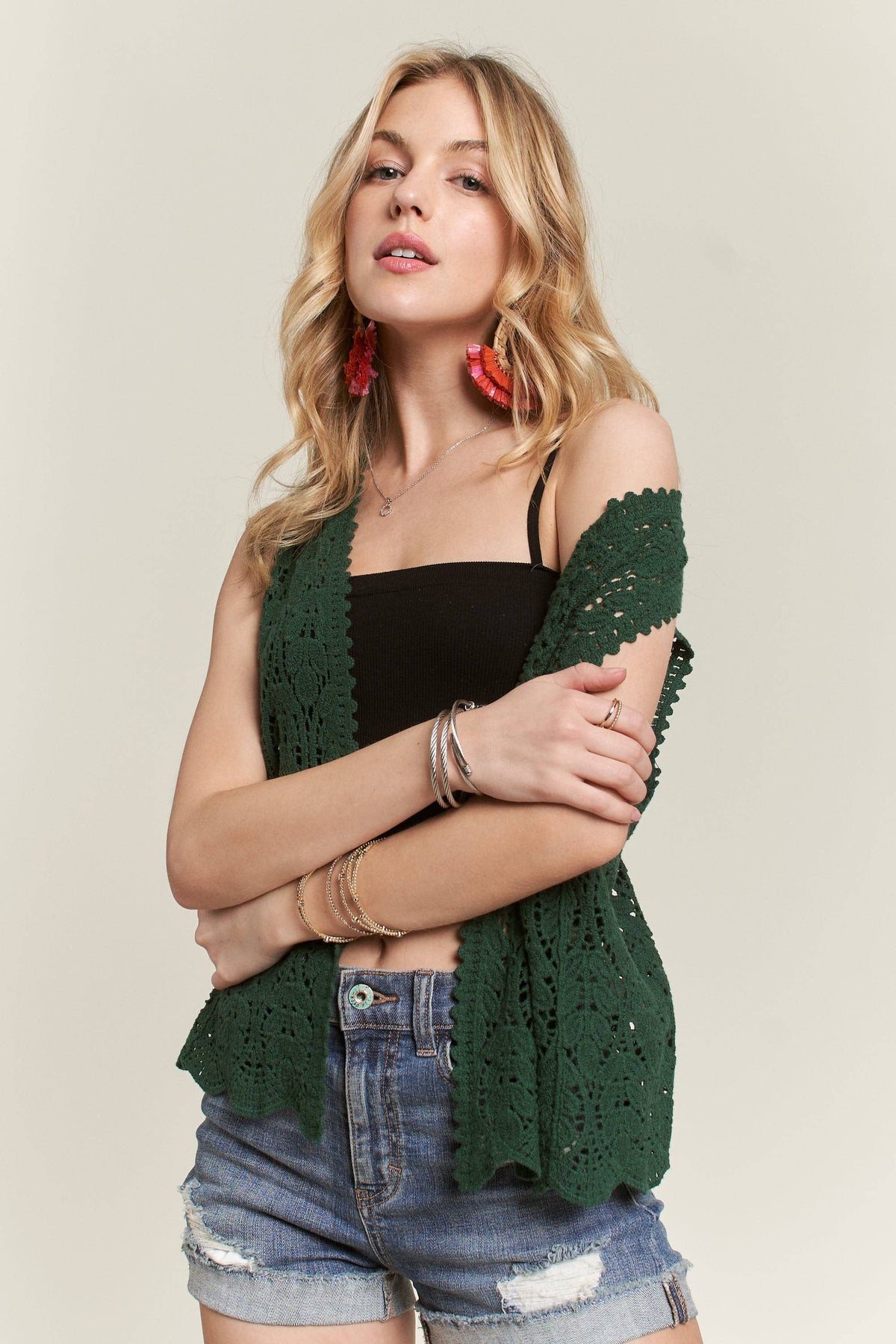 CROCHET VEST SCALLOP HEM - CET3544: Beige / S/M-M/L(3-3)