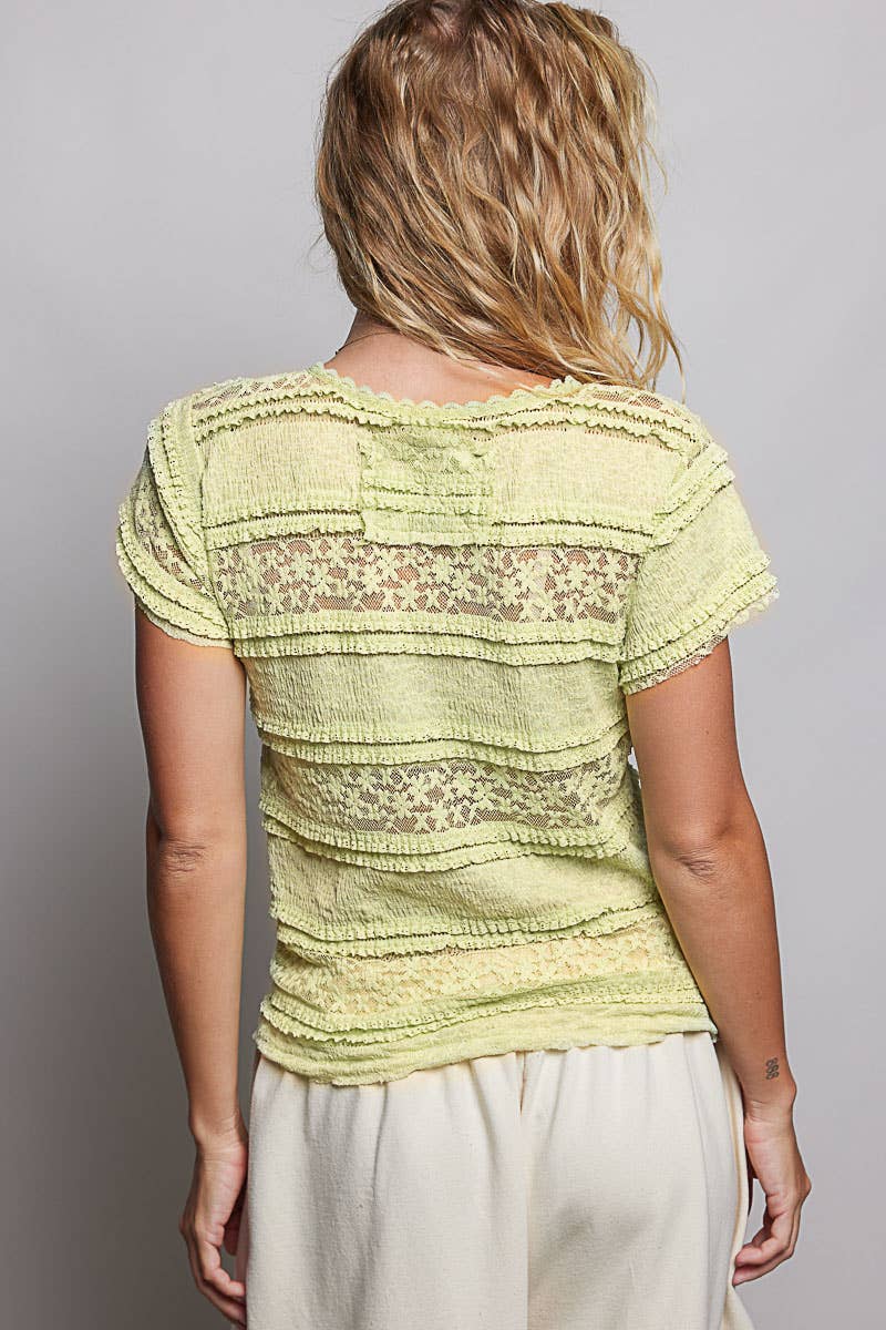 Feminine Lace V Neck Short Sleeve Top Trim Raw Edge: CREAM / S