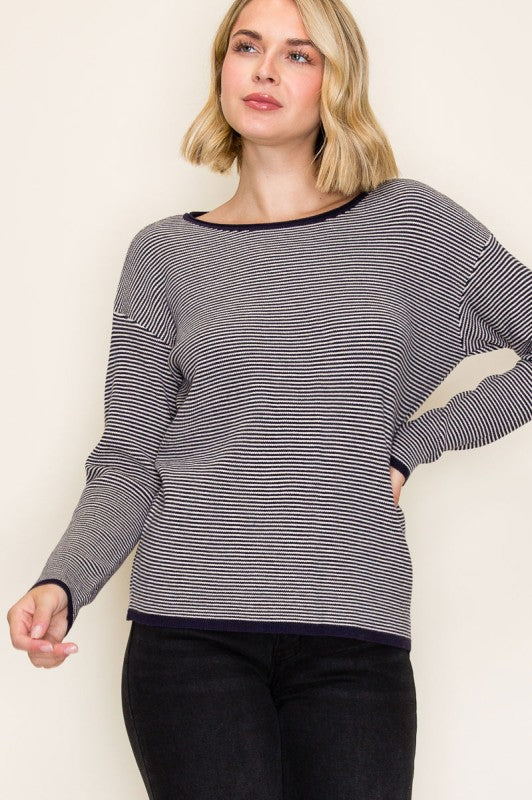 The Maren Striped Waffle Knit Pullover – Navy & Cream