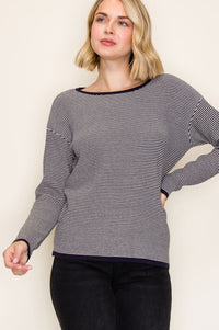 The Maren Striped Waffle Knit Pullover – Navy & Cream
