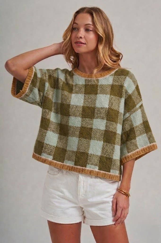 Autumn Acres Check Sweater Top: Sage/ Olive