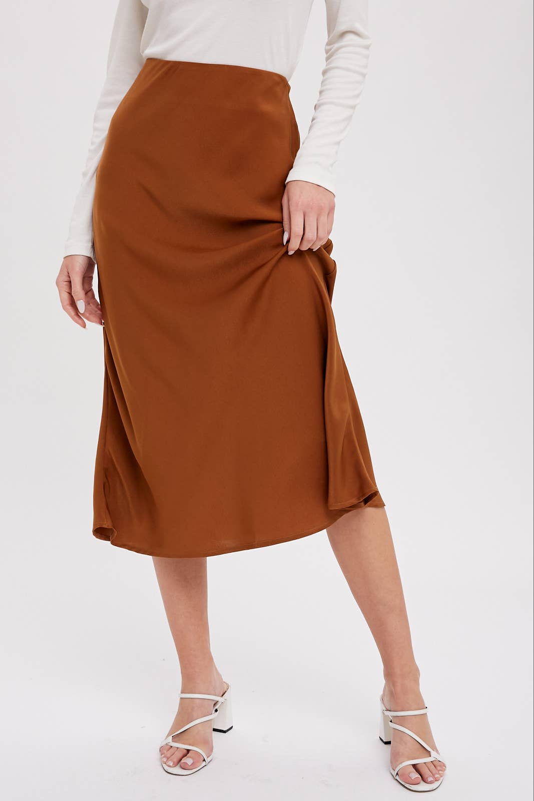 Emmersyn Satin Midi Skirt: Camel