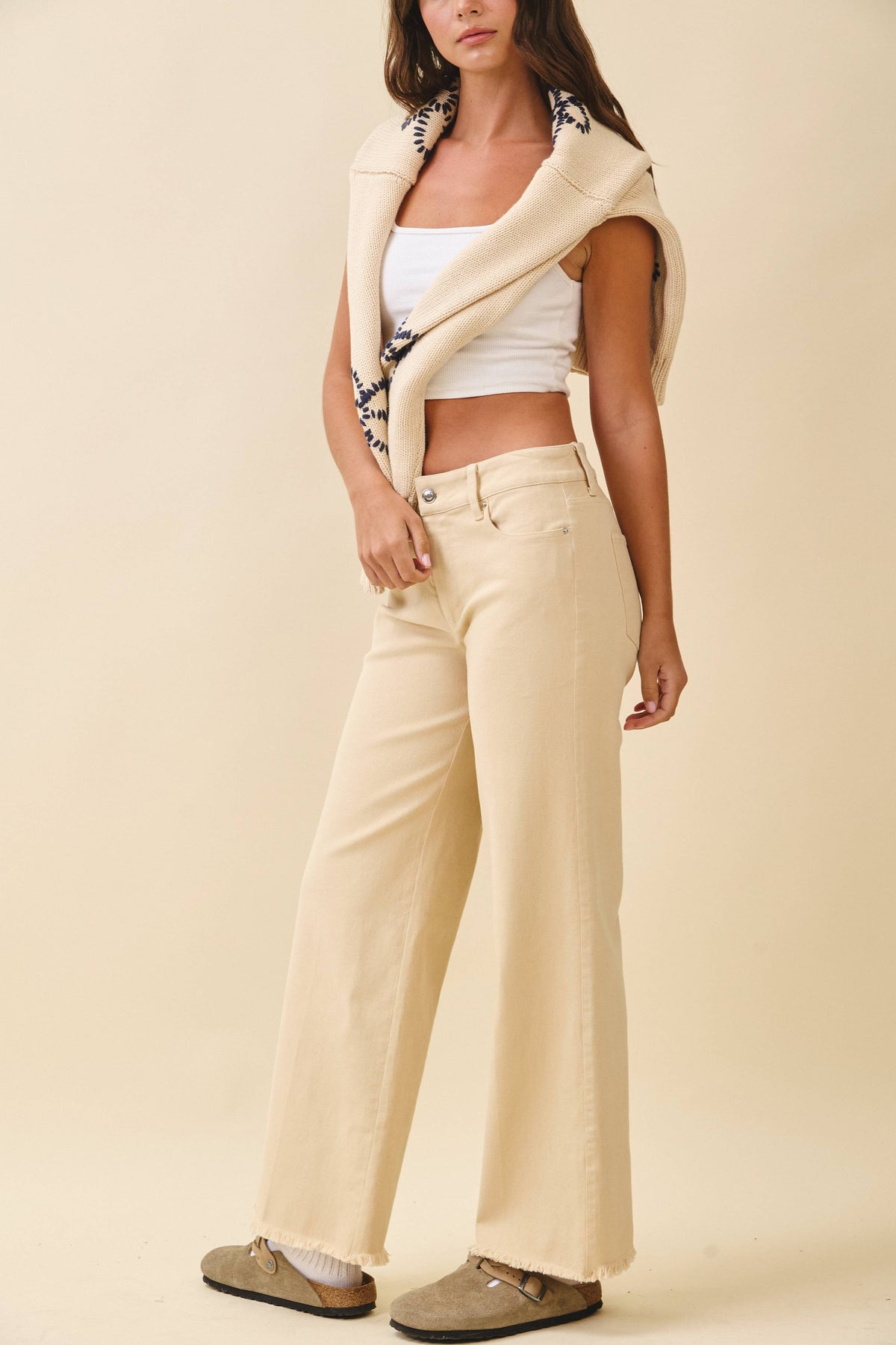 Lennox High-Rise Wide Leg Jeans: Oat – Raw Hem Neutral Denim