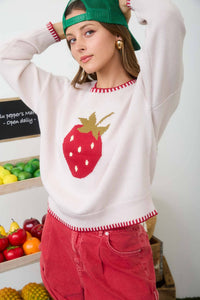 The Emmeline Strawberry Jacquard Sweater – Contrast Stitch Drop Shoulder Knit Pullover