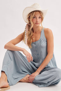 Easy Breeze Button Front Jumpsuit: Coastal Blue