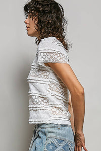 Feminine Lace V Neck Short Sleeve Top Trim Raw Edge: CREAM / S