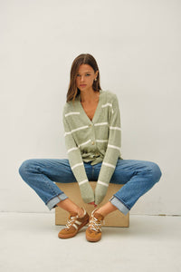 The Sutton Striped Oversized Cardigan: Soft Sage– Lightweight V-Neck Button Front Sweater for Women