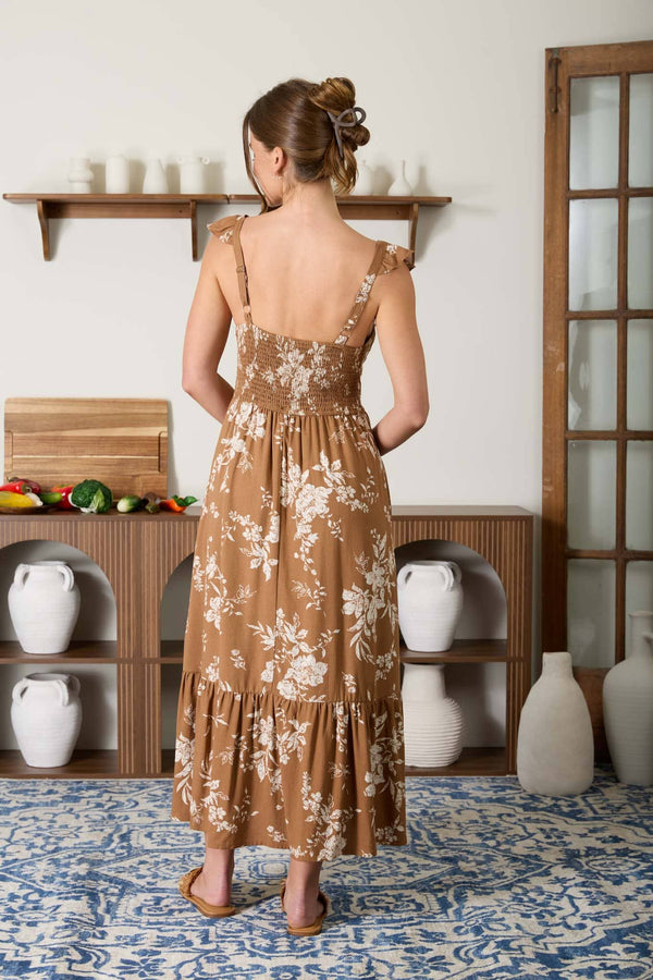 The Rosalie Floral Sweetheart Midi Dress: Brown
