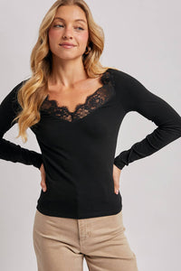 Maren Lace-Trim Ribbed Long Sleeve Top – Black V-Neck Essential | Northern Belle Boutique